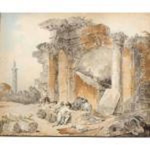 Men Playing Dice Among Classical Ruins - view 1