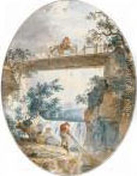 A Fisherman Pulling A Net From A
River Near A Small Waterfall, A Woman Resting Nearby, And A Shepherdess
On A Horse Crossing A Bridge With Her Flock - view 1