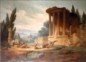 An Extensive Landscape With Children Playing On A See-saw Before A Ruined Temple by Hubert Robert