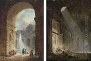 A Ruined Gallery With Shepherds By A Fountain by Hubert Robert