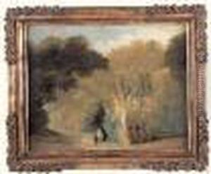 Couple De Promeneurs Et Un Enfant Devant Une Statue Dans Un Parc by Hubert Robert