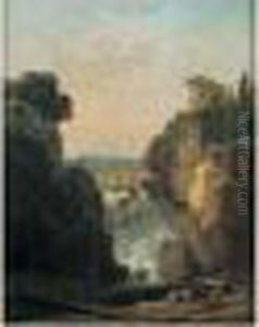 Un Dessinateur Devant Les Cascatelles Et Le Temple De Tivoli by Hubert Robert