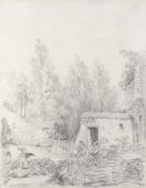 Washerwomen In A Stream By A Rustic Cottage - view 1