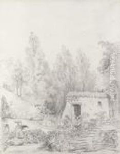 Washerwomen In A Stream By A Rustic Cottage