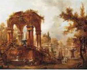 An Architectural Capriccio Of A Roman Villa And Its Gardens, With Figures By A Fountain by Hubert Robert