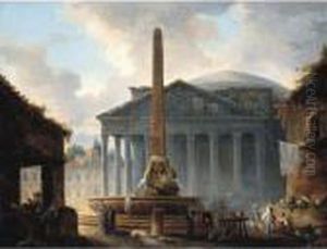 Rome, A View Of The Piazza Della
 Rotonda With The Pantheon And Figures Before The Obelisk Fountain