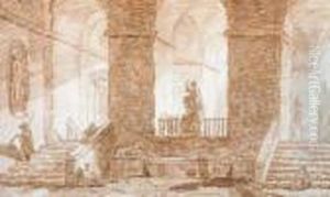 Peristyle D'un Palais Romain Anime De Personnages by Hubert Robert