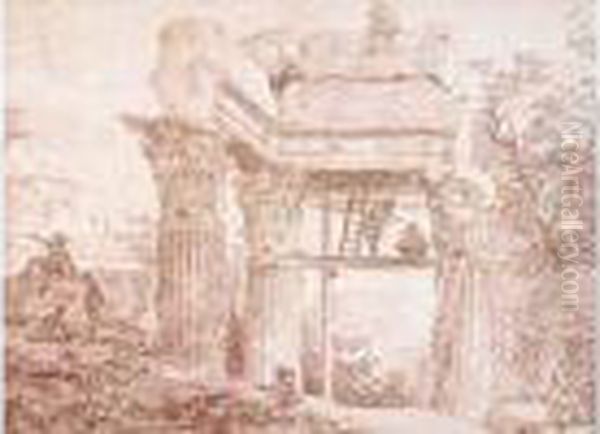 Artiste Dessinant Un Chapiteau
Du Temple D'apollon, Perche Sur Un Echafaudage, Dans Les Ruines Du Forum - view 1
