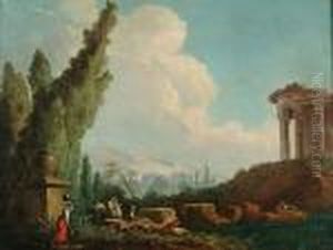An Italianate Landscape With Figures Amongst Ruins Beside A River by Hubert Robert
