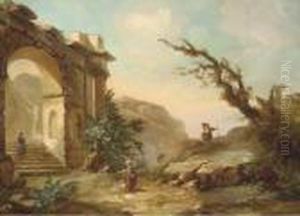 A Rocky Mountain Landscape With Figures Near A Classical Arch by Hubert Robert