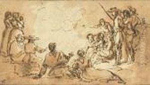 A Group Of Figures Around A Fire At Night by Hubert Robert