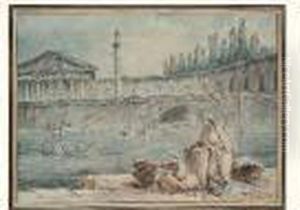Pecheurs Sur Un Quai Aupres D'une Fantaisie D'architecture Romaine by Hubert Robert