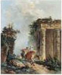 Two Figures On Horseback In A Landscape With Ruins Two Figures On Horseback In A Landscape With Ruins