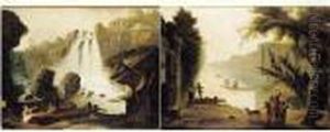 Lavandieres Et Pecheur Aux Pieds D'une Cascade by Hubert Robert