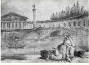 Personnages Sur Un Quai Devant Un Paysage D'architecture Romaine by Hubert Robert
