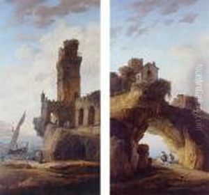 Shepherds In A Grotto Beneath A House And Figures by Hubert Robert