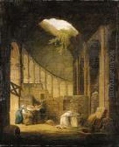 A Hermit Praying Before An Altar In A Ruined Chapel, With Three Woman Offering Flowers A Hermit Praying Before An Altar In A Ruined Chapel, With Three Woman Offering Flowers