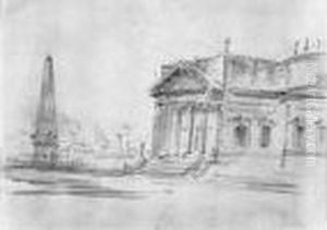 Temple Antique Sur Une Place. Homme Debout, Vu Aux Genoux, Drape Dans Un Manteau Temple Antique Sur Une Place. Homme Debout, Vu Aux Genoux, Drape Dans Un Manteau