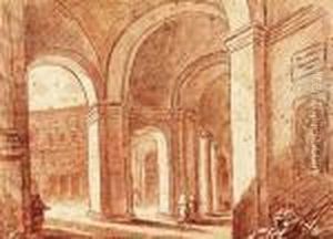 The Courtyard Of The Palazzo Farnese by Hubert Robert