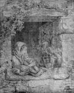 A Mother And Child Embracing By A Cottage Window by Hubert Robert