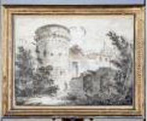 Personnage Se Promenant Autour D'un Chateau Fort by Hubert Robert
