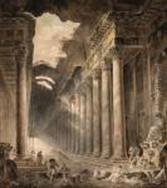 A Great Colonnaded Building, The
Roof Partly Open To The Sky, Withgirls Washing Clothes At A Fountain
Below A Statue Of A Seatedman - view 1