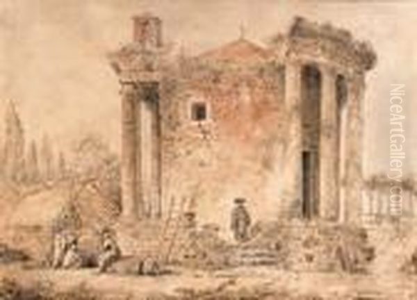 A Capriccio With The Temple Of
The Sybil At Tivoli, Capuchinpriests Standing Amongst The Ruins - view 1