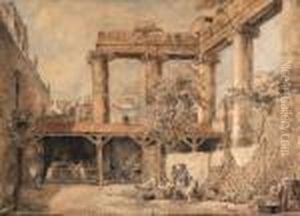 A Courtyard At The Villa Pamphilj, Rome by Hubert Robert