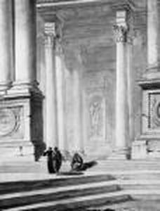 Three Figures Disputing Under A Classical Portico