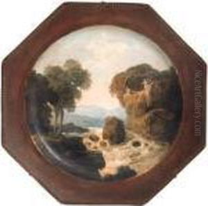 A Gorge With Figures On A Rock 
Above A Waterfall, Painted On Anoctagonal French Creamware Plate With A 
Beaded Rim