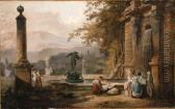 Elegant Figures And A Washerwoman By A Fountain With A Statue Ofcupid And An Obelisk - view 1