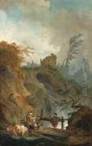 An Italianate Landscape With Peasants On A Bridge Before Awaterfall
