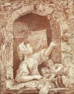 A Washerwoman And Two Children Coaxing A Bird Back Into Itscage by Hubert Robert