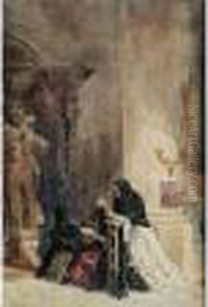 Continental Church Interior With Three Women In Black Shawlskneeling In Prayer - view 1