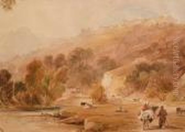 Figures And Cattle Below A Walled Town - view 1