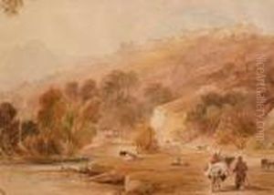 Figures And Cattle Below A Walled Town