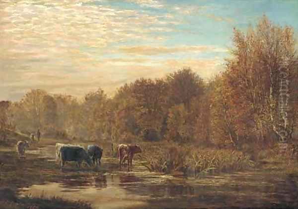 Cattle watering at sunset - view 1