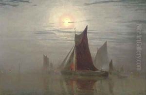 Shipping vessels by moonlight by William Simpson