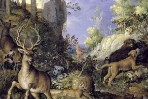 A woodland scene with hunters and animals by Roelandt Jacobsz Savery