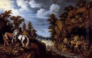 A Rocky Landscape With A Stallion, Bull And Camel Overlooking A Lion's Den by Roelandt Jacobsz Savery