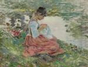 Girl Sewing By River