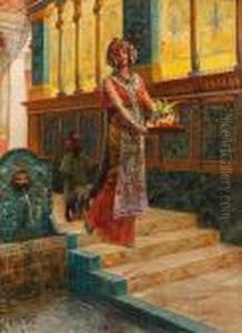 A Middle Eastern Princess Descending Astaircase With Attendant
