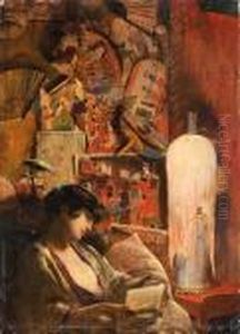 Jeune Femme A La Lecture Dans Un Interieur Japonisant