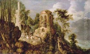 A rocky landscape with a stream and classical ruins, with the Reconcilliation of Jacob and Laban