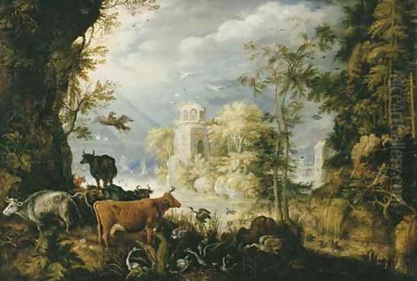 A wooded landscape with cows, birds and other animals by a lake, with a village beyond - view 1