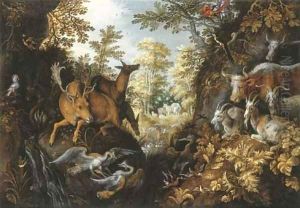 A stag, deers, herons, goats, parrots and other animals in a forest