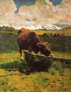 A cow drinking water