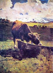 Brown cow in the waterhole