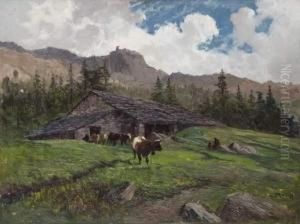 Contadine E Mucche Presso Unabaita In Alta Montagna by Leonardo Roda