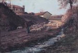 Scorcio Di Paese Con Pastorella E Gregge
